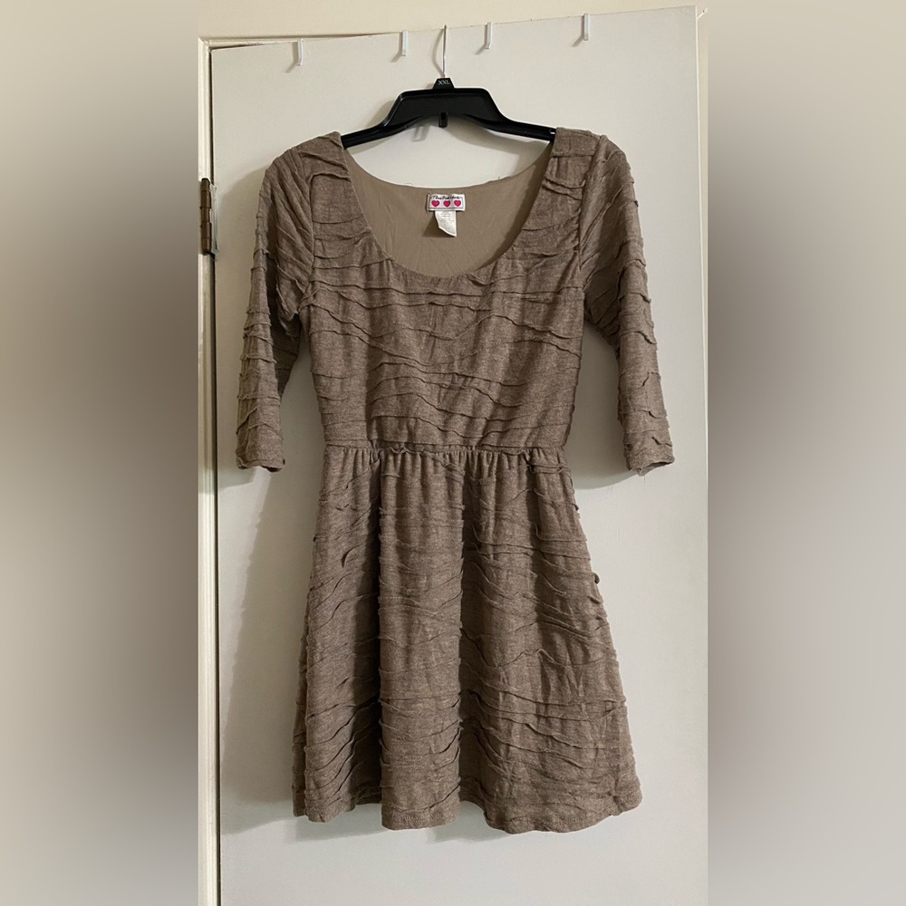 Three Hearts Textured Brown Long Sleeve Dress
